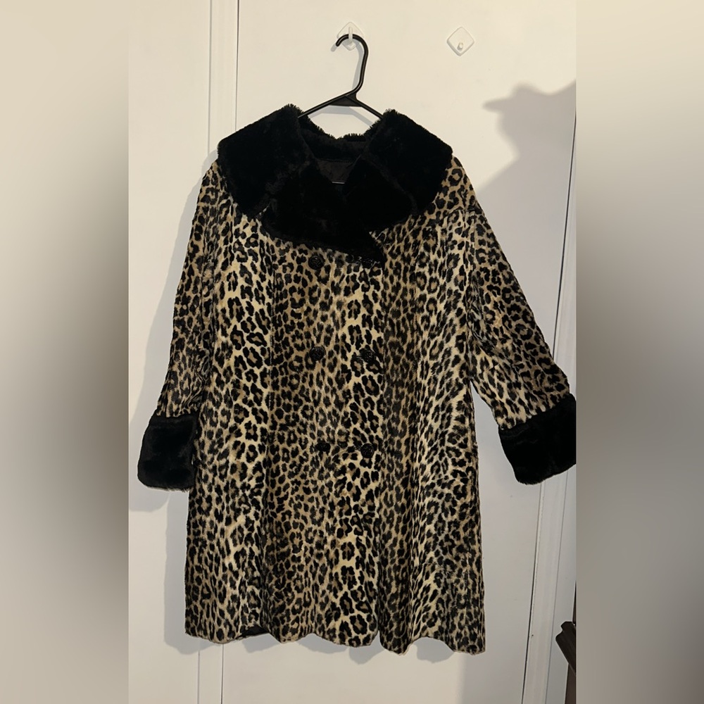 Leopard Print Faux Fur Coat with Black Accents